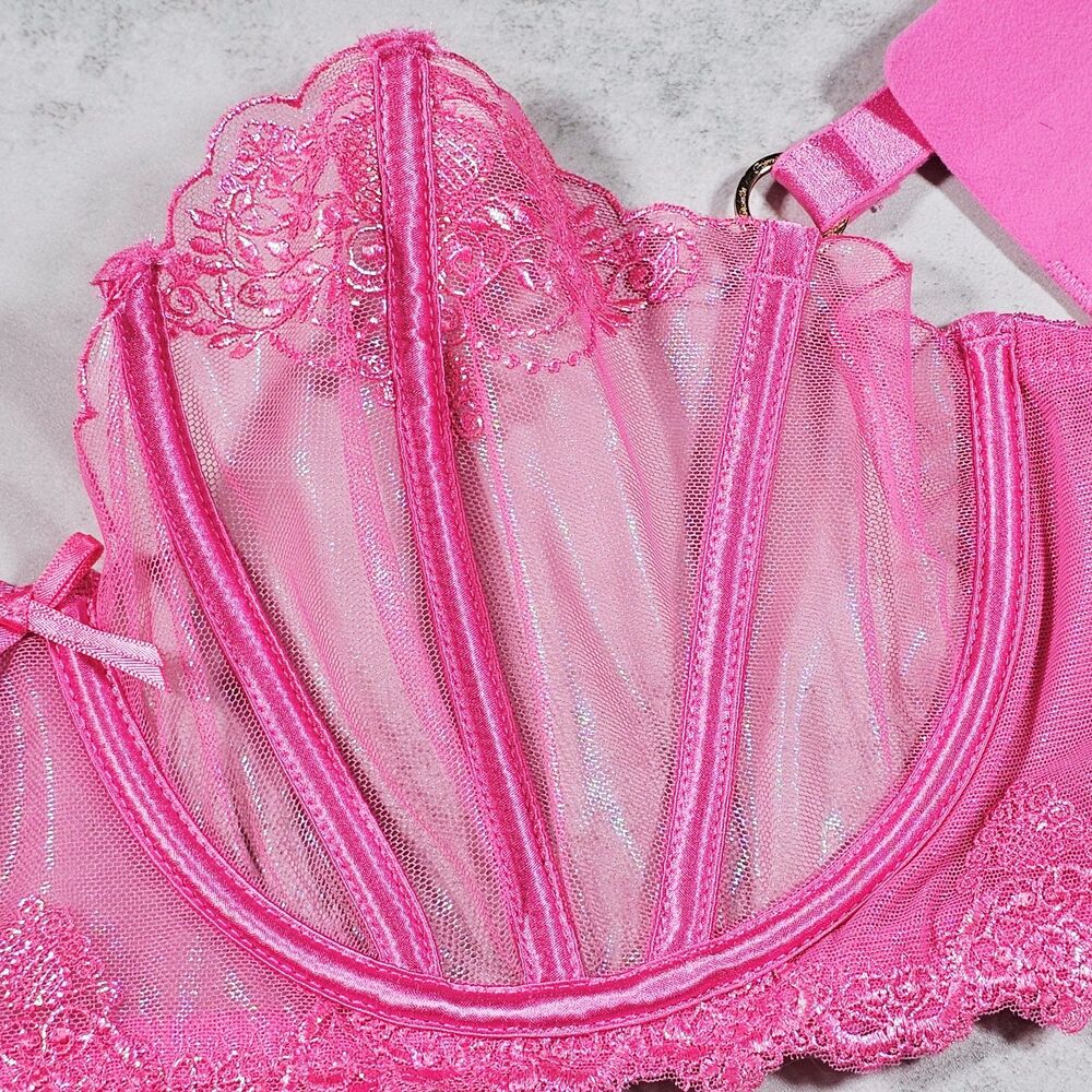 Honey Birdette Natalie Pink Sheer Embroidered Balconette Bra Size 38DD - Picture 7 of 11